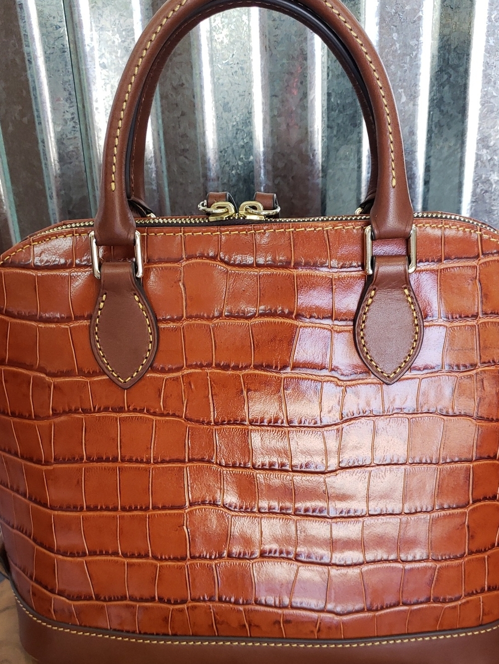 NWT Dooney & Bourke Croc-Embossed Leather ZIP ZIP Satchel in Cognac Brown - Picture 8 of 11